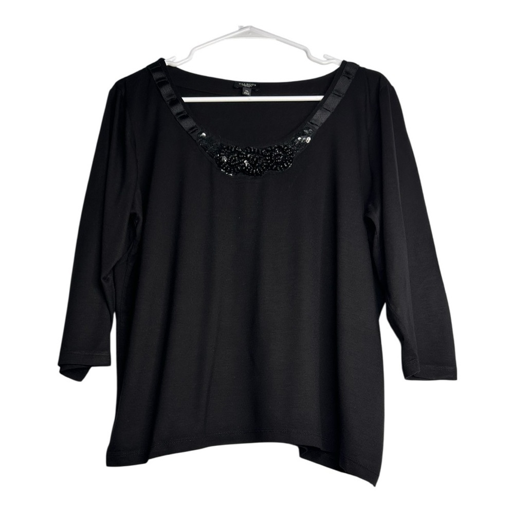 Talbots XL Black Embellished Blouse Y2K Old Money Boho Chic Glamour Preppy Witch